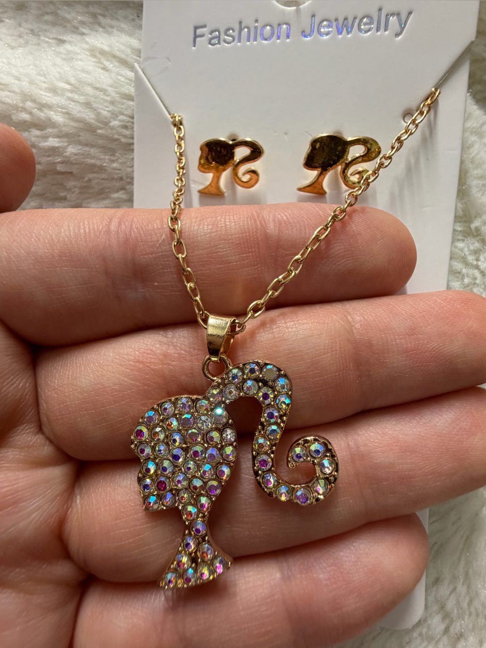 Gold-Tone Cat Pendant Necklace with Iridescent Crystals